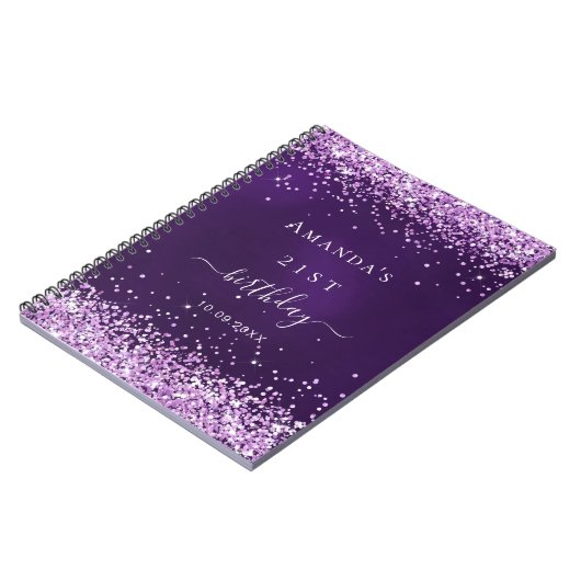 Carnet Nom de la parties scintillant violette d'anniversa (Côté gauche)