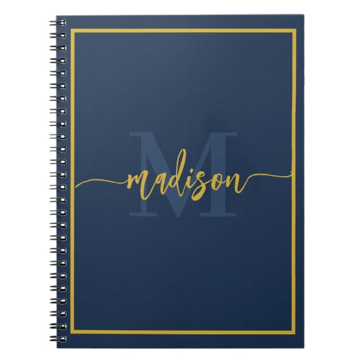 Carnet Nom de luxe en bleu marine et or Monogramme Script (Devant)