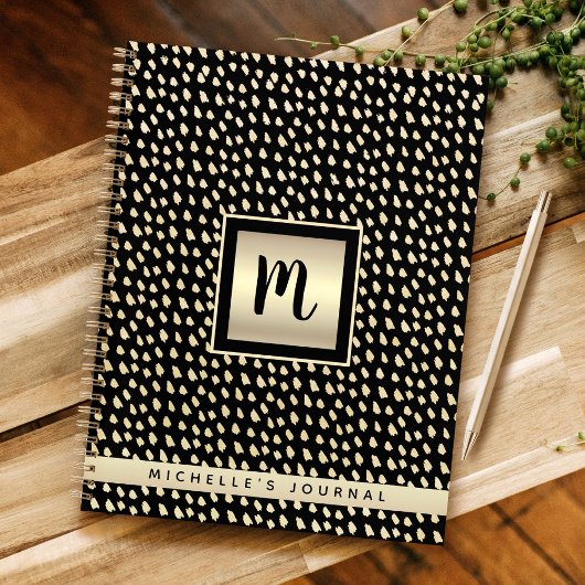 Carnet Nom de monogramme feuille d'or noir script moderne