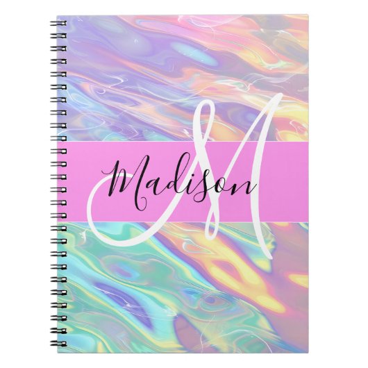 Carnet Nom de monogramme holographique iridescent rose fé (Devant)