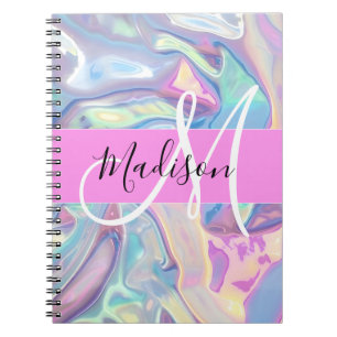 Carnet Nom de monogramme holographique iridescent rose fé
