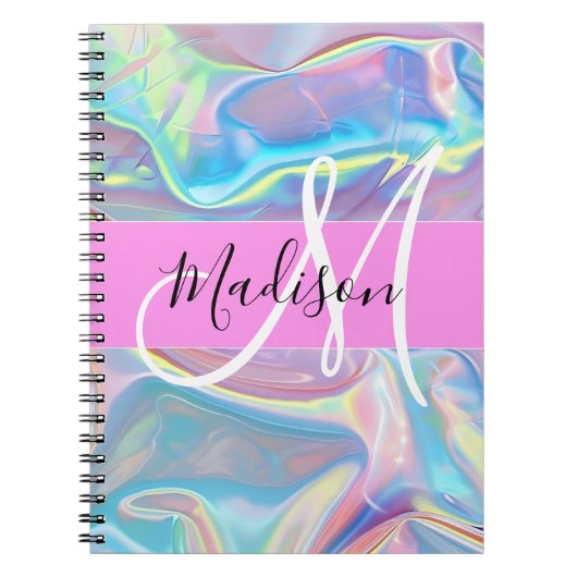 Carnet Nom de monogramme holographique iridescent rose fé (Devant)