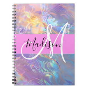Carnet Nom de monogramme holographique iridescent rose fé