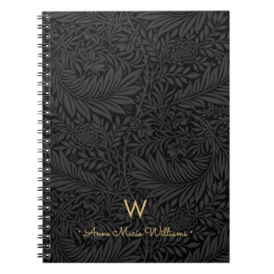 Carnet Nom de monogramme or élégant à motif floral noir
