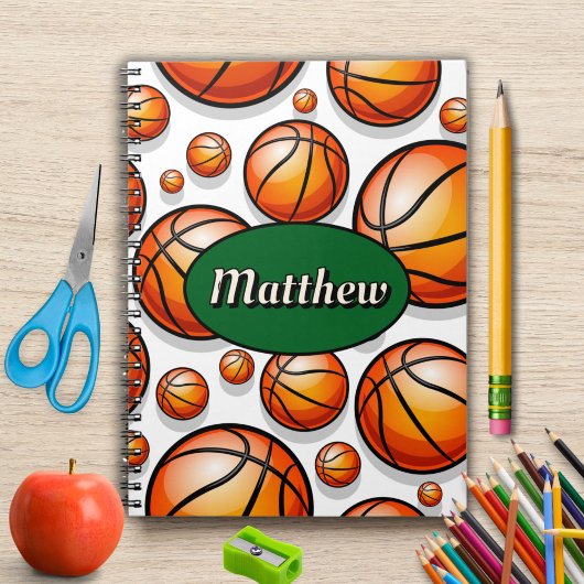 Carnet nom de motif de basket-ball vert 