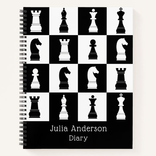 Carnet Nom de motif de figures de jeu d'échecs noir et bl (Devant)