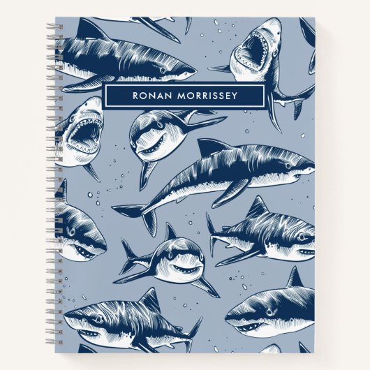 Carnet Nom de motif requin effrayant bleu pour enfants (Devant)