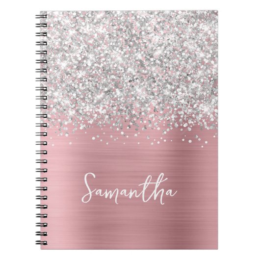 Carnet Nom de script Glam Blush Rose Argent Pailleté (Devant)