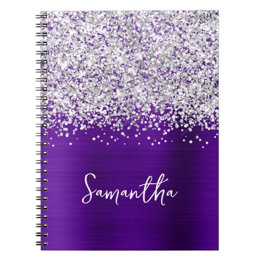 Carnet Nom de script Glam Indigo Violet Pailleté Argent (Devant)