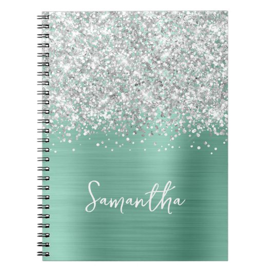 Carnet Nom de script Glam sarcelle clair paillettes argen (Devant)