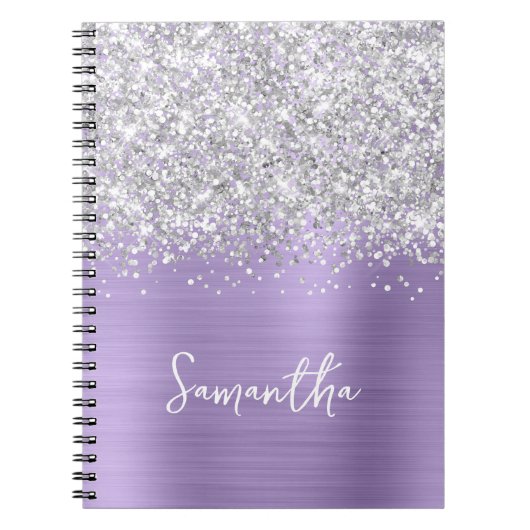 Carnet Nom de script Glam Violet Pâle Paillettes Argentée (Devant)