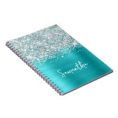 Carnet Nom de script glamour bleu turquoise argent paille (Côté Droit)