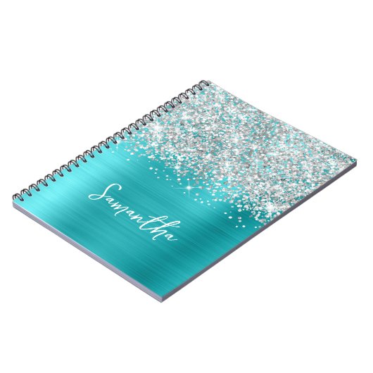 Carnet Nom de script glamour bleu turquoise argent paille (Côté gauche)