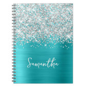 Carnet Nom de script glamour bleu turquoise argent paille (Devant)