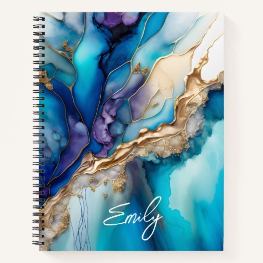 Carnet Nom de script Marbre Or Bleu Personnalisé (Devant)