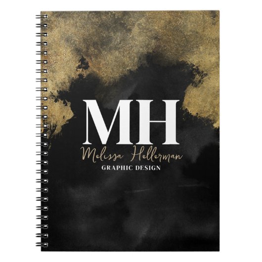 Carnet Nom de script moderne Monogramme Or Noir (Devant)
