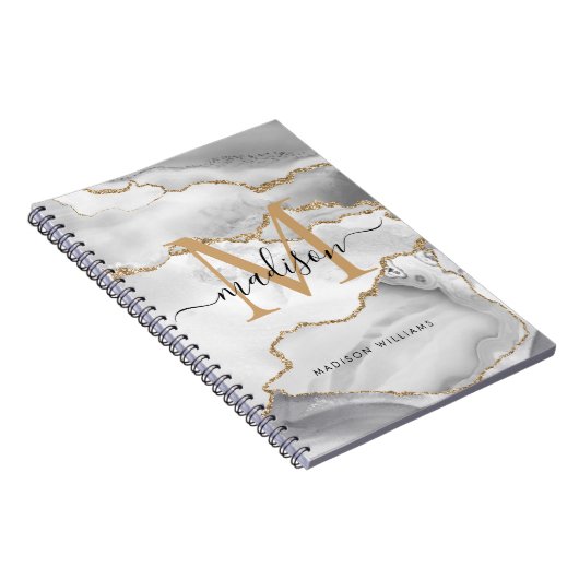 Carnet Nom de script monogramme en agate pailletée or bla (Côté Droit)