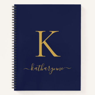 Carnet Nom du monogramme bleu or de la marine moderne