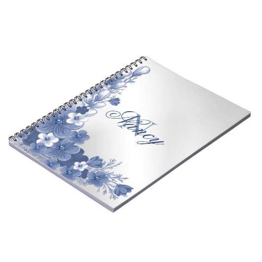 Carnet Nom du monogramme Floral Blue Silver Grey Élégant (Côté gauche)