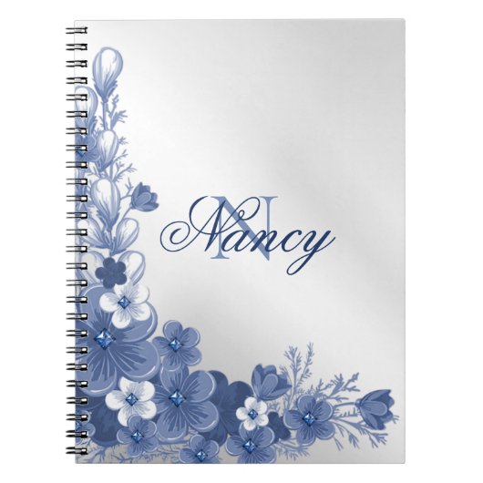 Carnet Nom du monogramme Floral Blue Silver Grey Élégant (Devant)