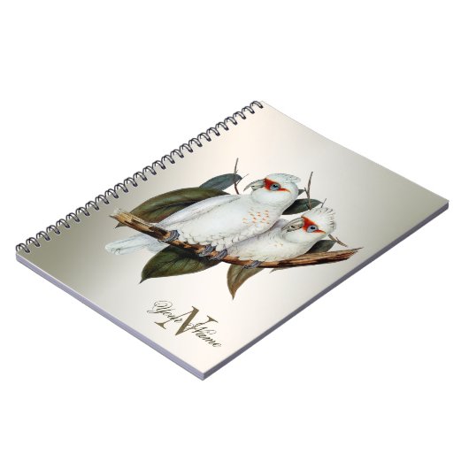 Carnet Nom du monogramme Oiseaux blancs Cockatoo Feuilles (Côté gauche)