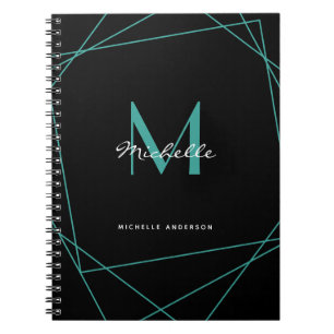 Carnet Nom du monogramme Turquoise noir moderne Script in