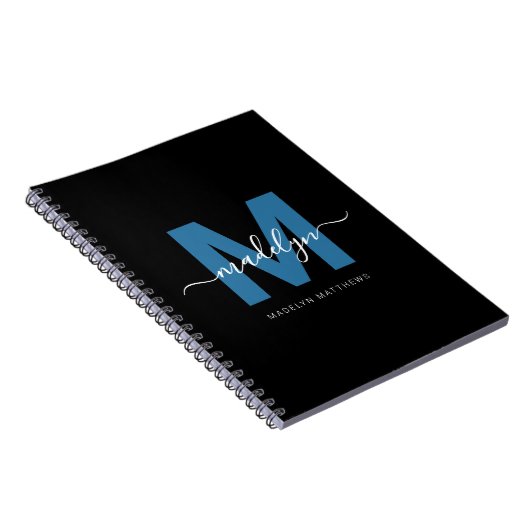 Carnet Nom du script bleu personnalisé Monogramme initial (Côté Droit)