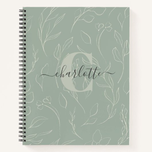Carnet Nom floral botanique vert sauge rustique élégant (Devant)