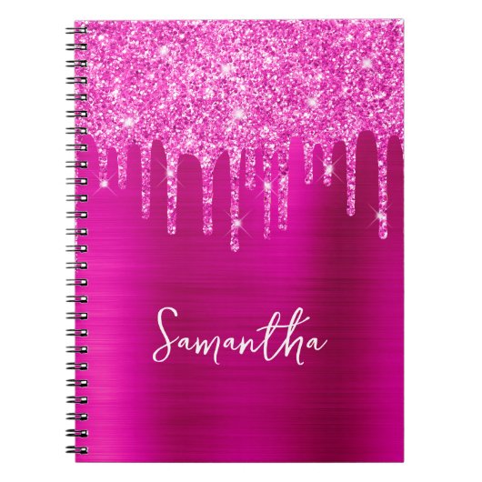 Carnet Nom glamour pailleté magenta goutte à goutte (Devant)