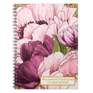 Carnet Nom Gold personnalisé Fleurs de pivoine rose sophi