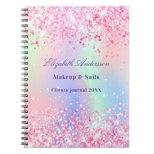 Carnet Nom holographique scintillant rose blush affaires (Devant)