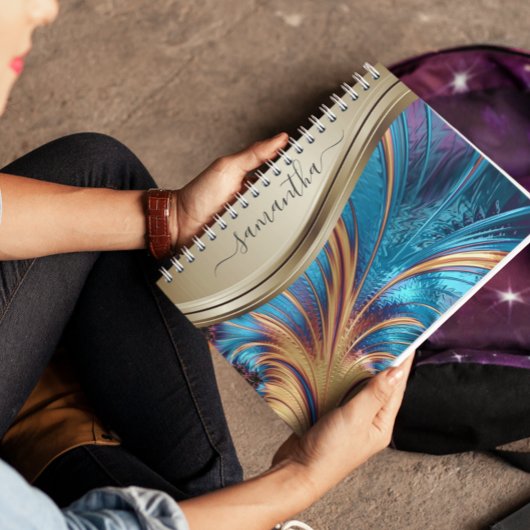 Carnet Nom manuscrit bleu or fractal moderne