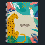 Carnet Nom Moderne de Léopard de Jungle Coloré<br><div class="desc">Ce cahier moderne et élégant présente un léopard et un oiseau (cockatiel) dessinés à la main, ainsi que des feuilles de jungle et des formes artistiques aléatoires. Le dos du livre contient un motif coordonné de feuilles tropicales. La palette de couleurs est composée de beige clair, de bleu sarcelle /...</div>