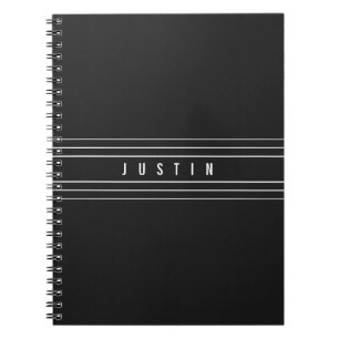 Carnet Nom modifiable & Rayures géométriques Noir & Bla