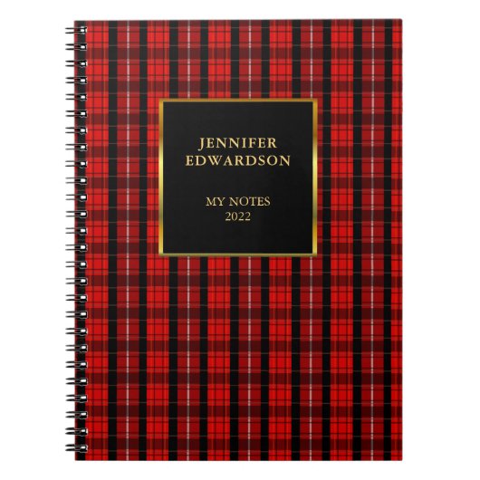 Carnet Nom monogramme de plaid de buffle rouge rustique (Devant)
