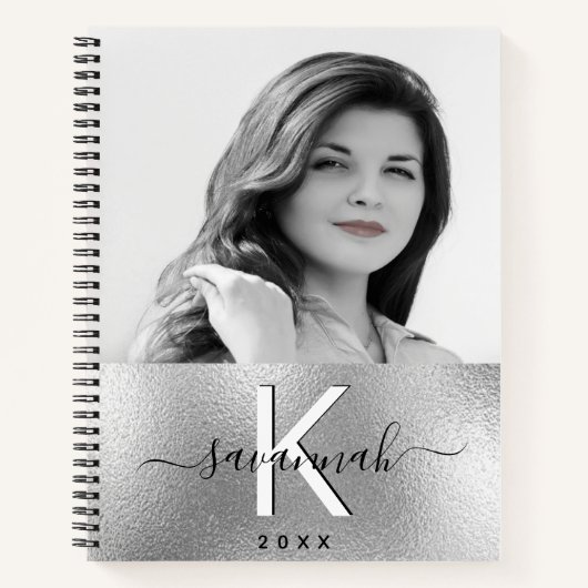 Carnet Nom monogramme du script photo en argent (Devant)