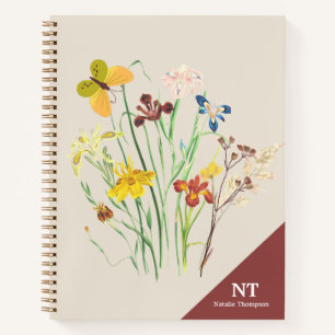 Carnet Nom monogramme élégant et floral initial Bourgogne