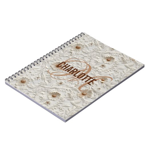 Carnet Nom monogramme en cuir à outils à fleurs neutres (Côté gauche)