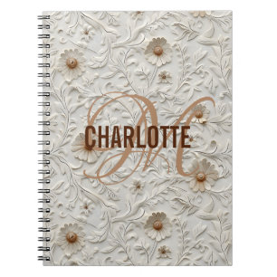 Carnet Nom monogramme en cuir à outils à fleurs neutres