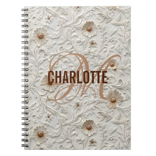Carnet Nom monogramme en cuir à outils à fleurs neutres (Devant)