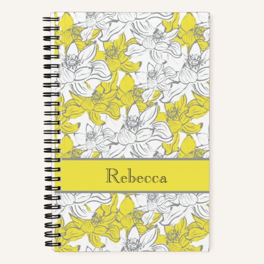 Carnet Nom Monogramme Fleurs Floral Jaune Gris Blanc (Recto)