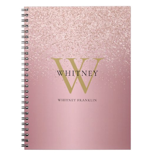 Carnet Nom Monogramme Paillettes Or Rose (Devant)