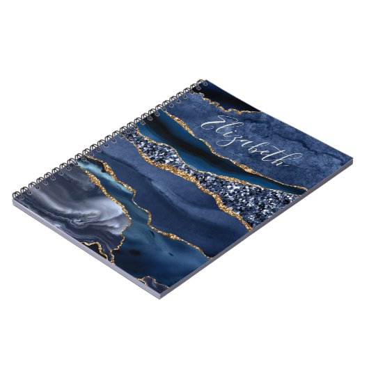 Carnet Nom monogramme Parties scintillant d'or bleu Agate (Côté gauche)