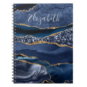 Carnet Nom monogramme Parties scintillant d'or bleu Agate
