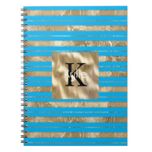 Carnet Nom Monogramme Rayures Bleu Aqua Or