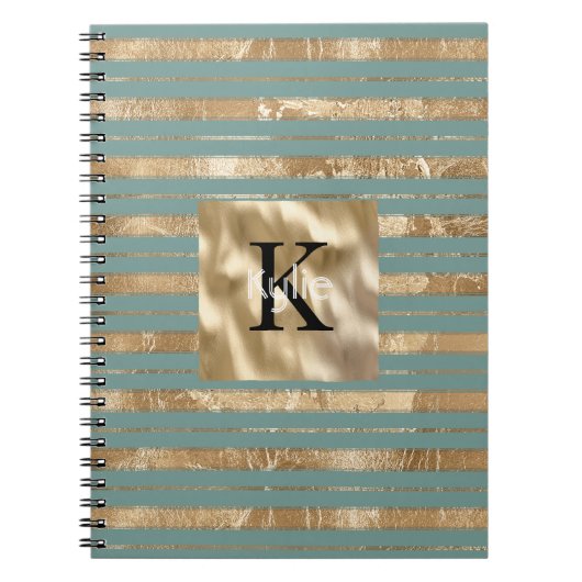Carnet Nom Monogramme Rayures Vert Doré (Devant)