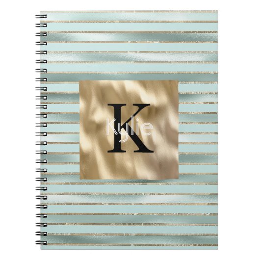 Carnet Nom Monogramme Rayures Vert Menthe Or (Devant)