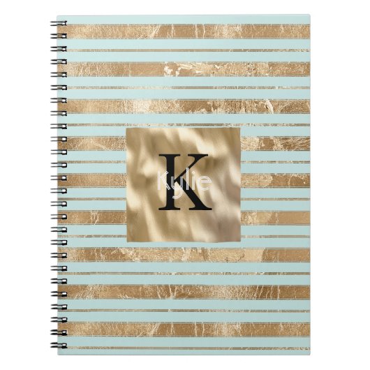Carnet Nom Monogramme Rayures Vert Mint Or (Devant)
