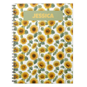 Carnet Nom motif floral tournesol aquarelle personnalisé