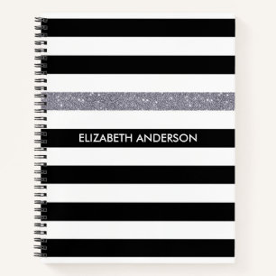 Carnet Nom Pailleté Rayure Noir Blanc
